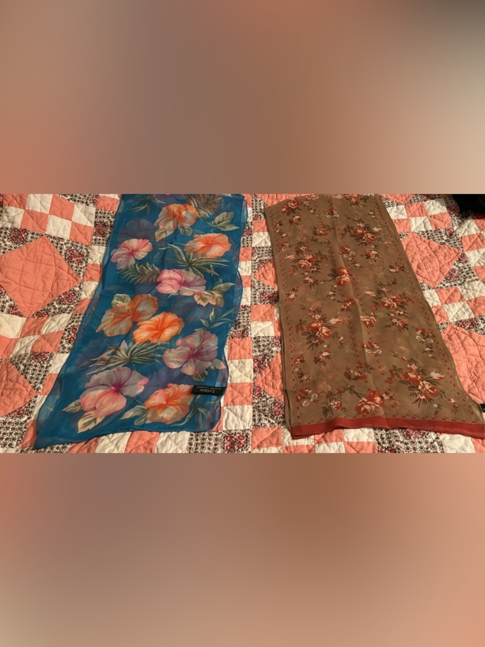 Pair of Vintage Ralph Lauren Print& Tapestry Roses Patterned Silk Scarf, 11x24”